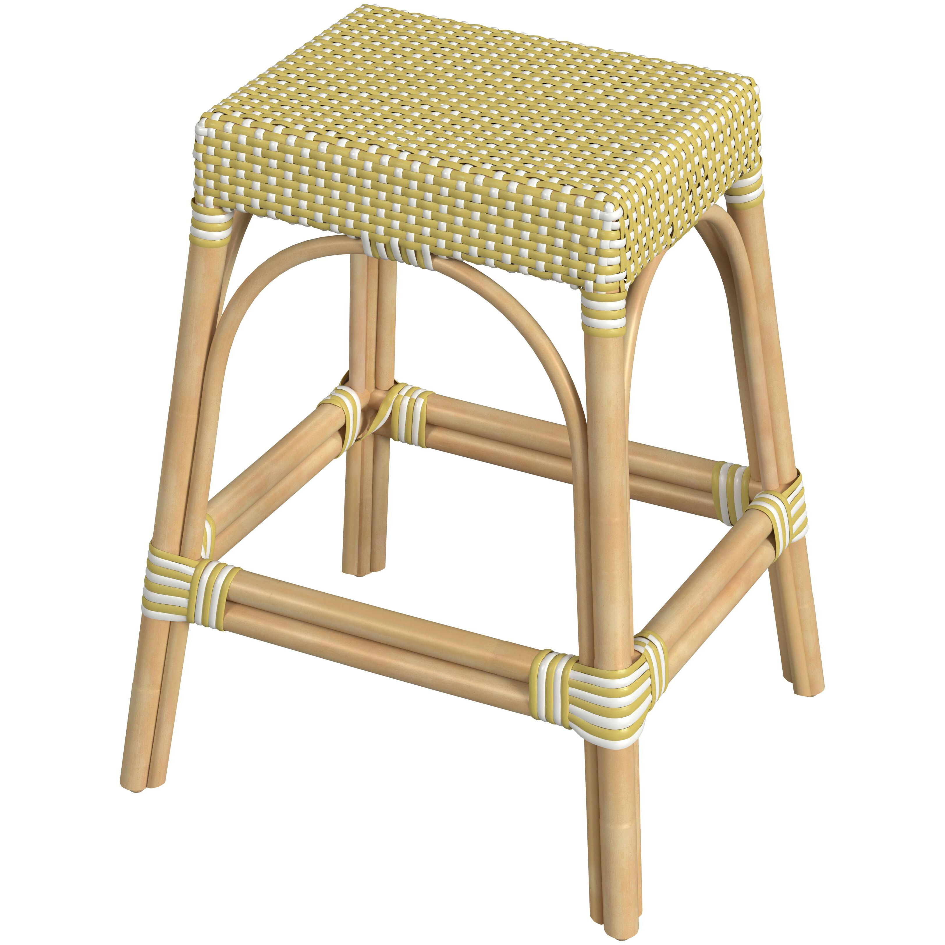 Robias Rectangular Rattan 24.5" Counter Stool in Yellow and White Dot