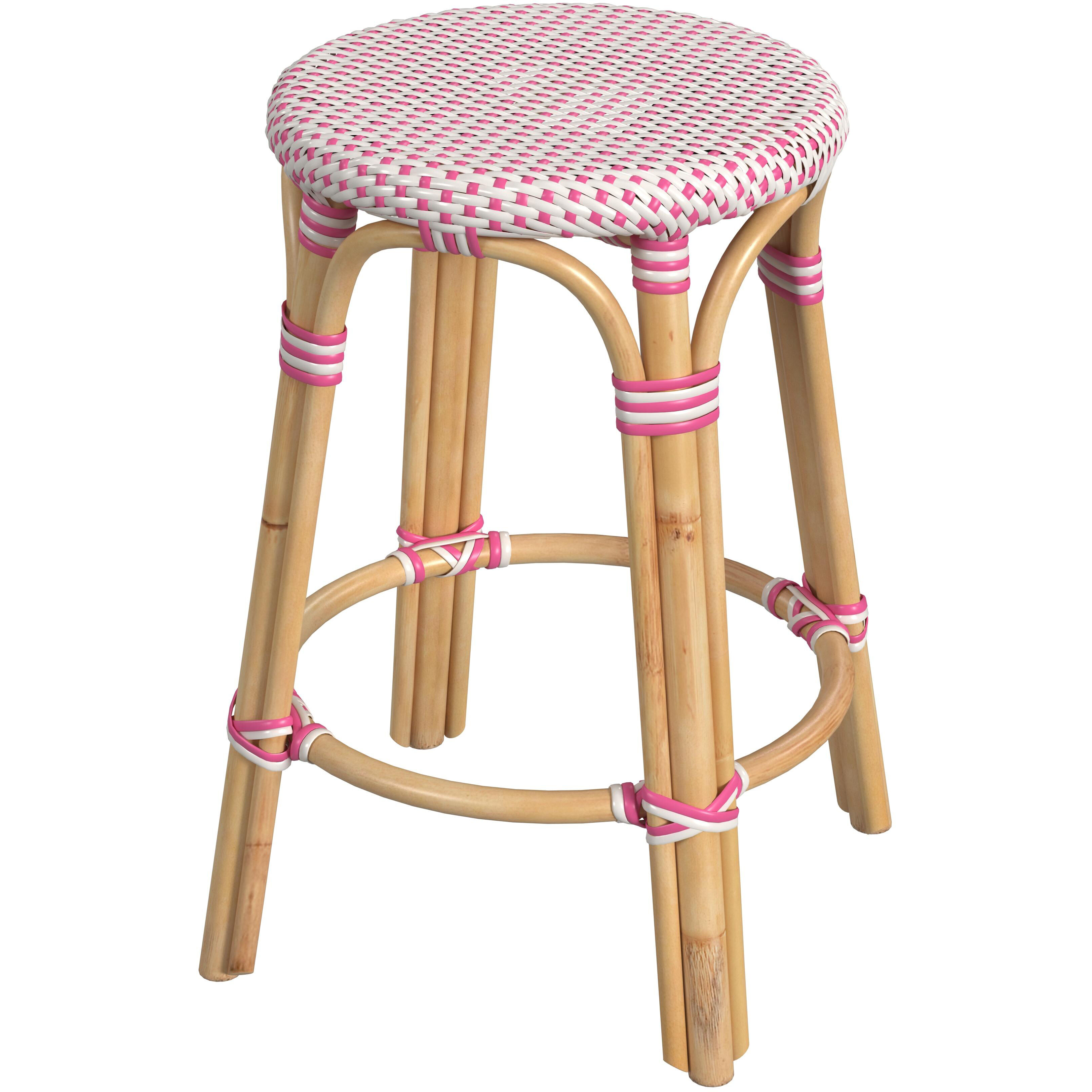 Tobias Rattan Round 24" Counter Stool in White and Pink Dot